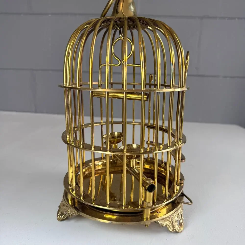 Vintage Solid Brass Bird Cage | Mid-Century Decorative Hanging Cage with Perch
